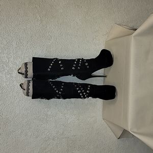 ALBA Black Studded Suede Sz 7 Boots Mid-Calf